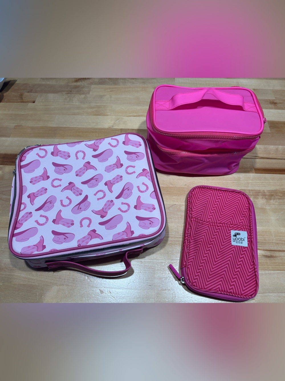 Pink Cowboy Boot Print Travel Bag + 2 Hot Pink Pouches